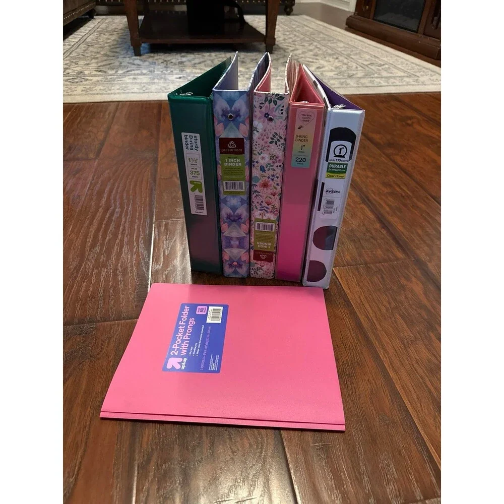 6 Piece Binder & Folder Bundle – 5 Three-Ring Binders + Pink Folder w/ Prongs
